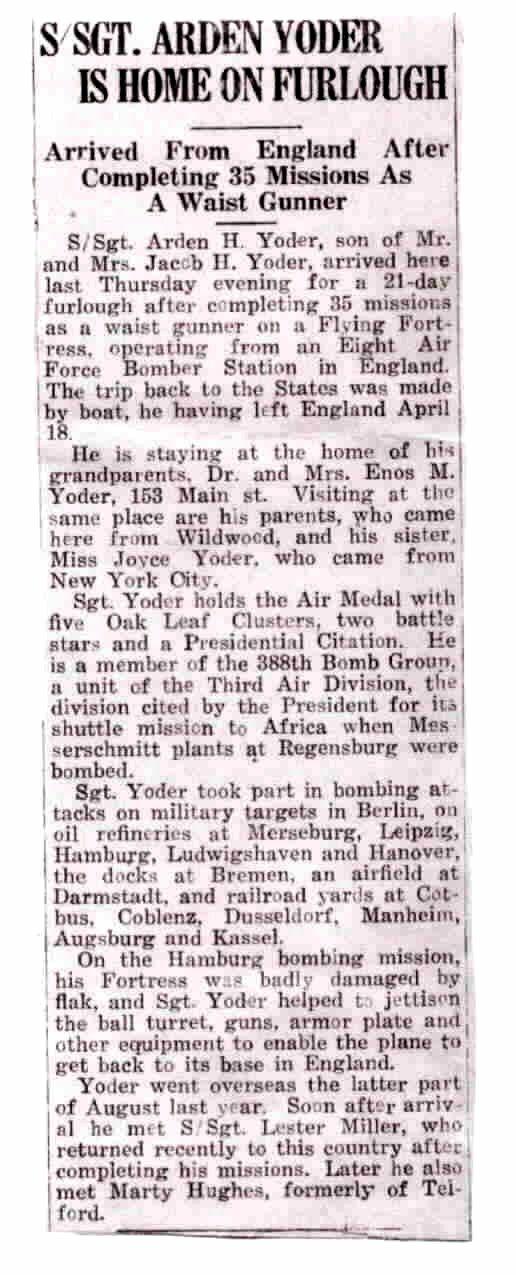 Arden Yoder's announcement in newspaper